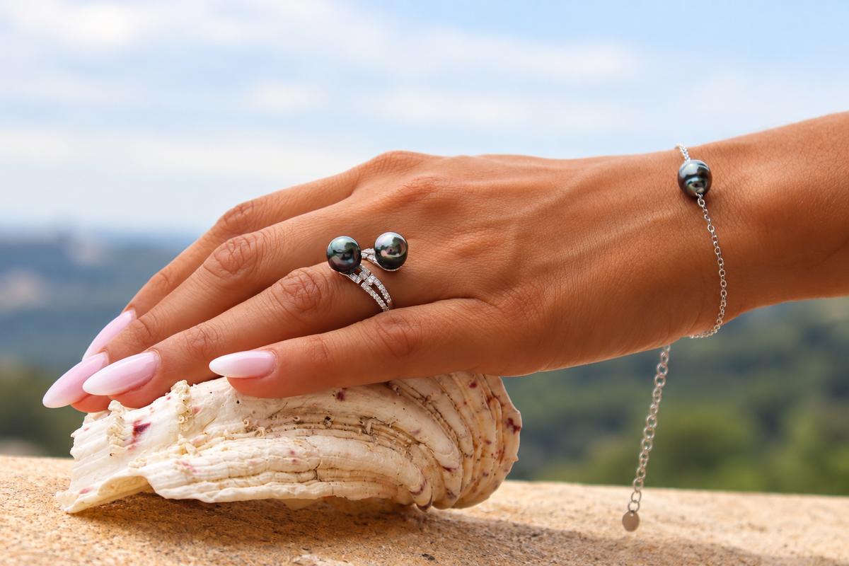 Bague Vaimiti en argent 925 et perles de Tahiti cerclées, autre vue – Anaora Pearls