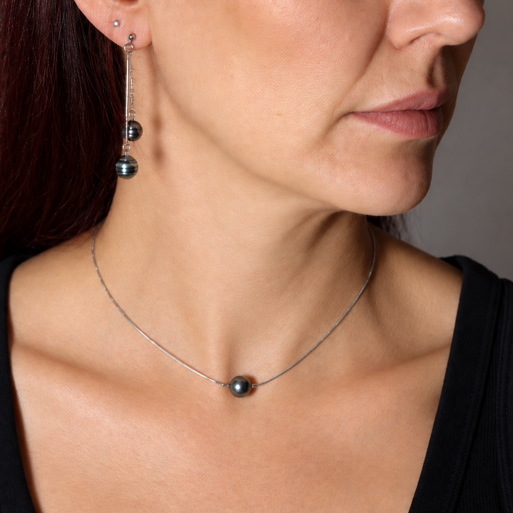 Collier Tepoe argenté, chaîne serpentine et perle de Tahiti ronde qualité A – Anaora Pearls
