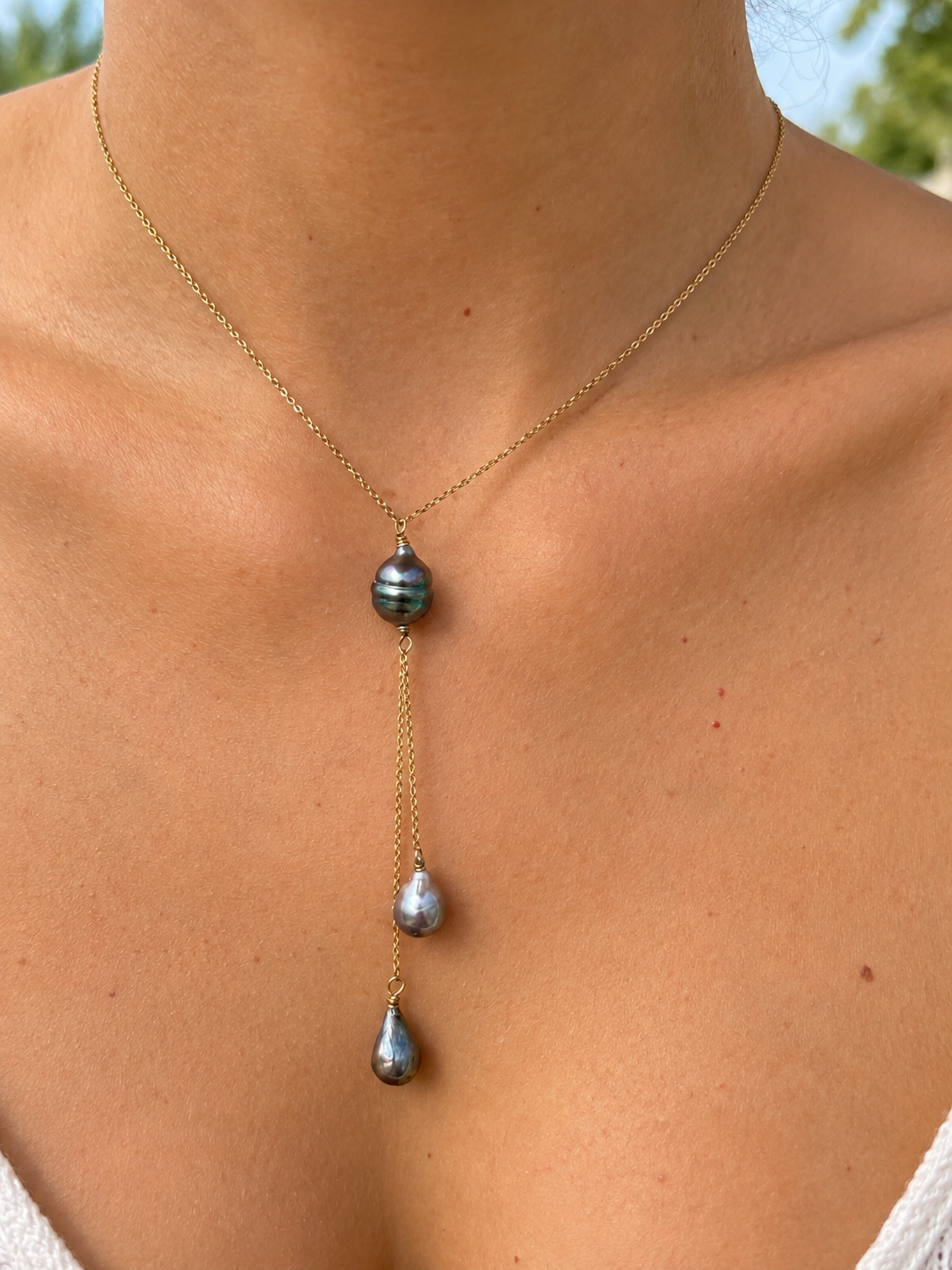Collier Farii lariat doré et perles de Tahiti cerclées – Anaora Pearls