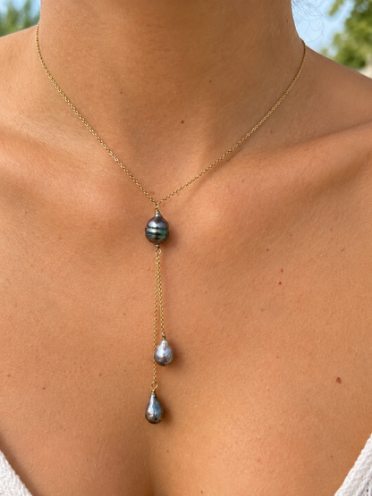 Collier Farii lariat doré et perles de Tahiti cerclées – Anaora Pearls