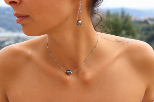 Collier Moana argenté, chaîne argentée et perle de Tahiti cerclée reflets verts – Anaora Pearls