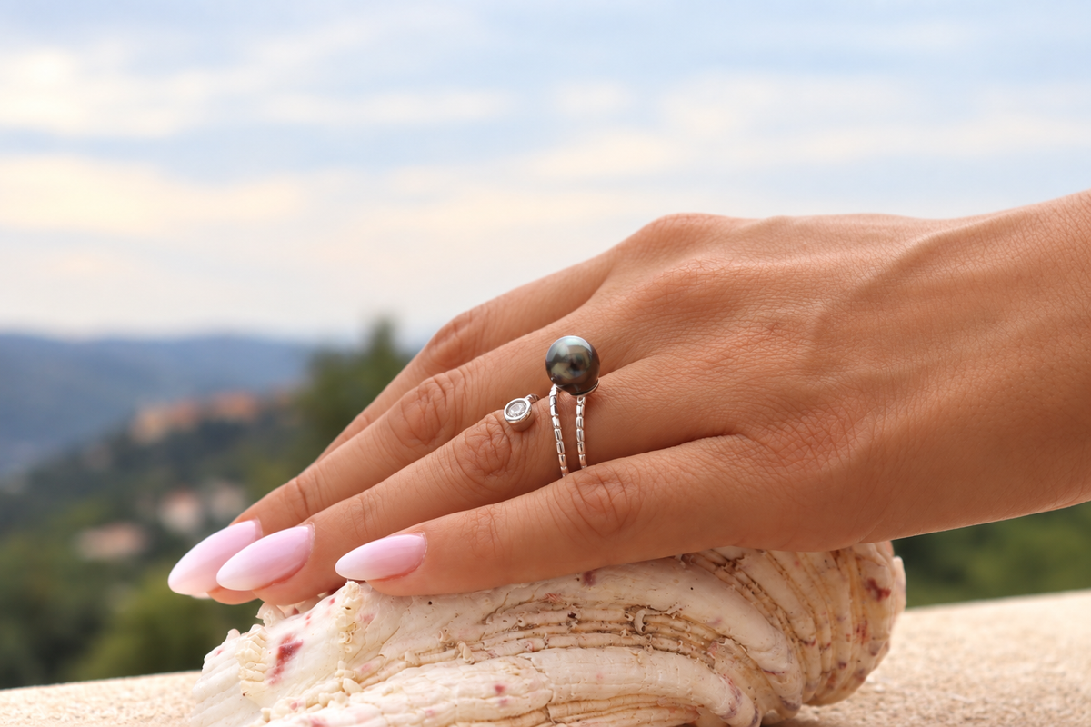 Bague Teata argent 925 et perle de Tahiti 8–9 mm, autre vue – Anaora Pearls