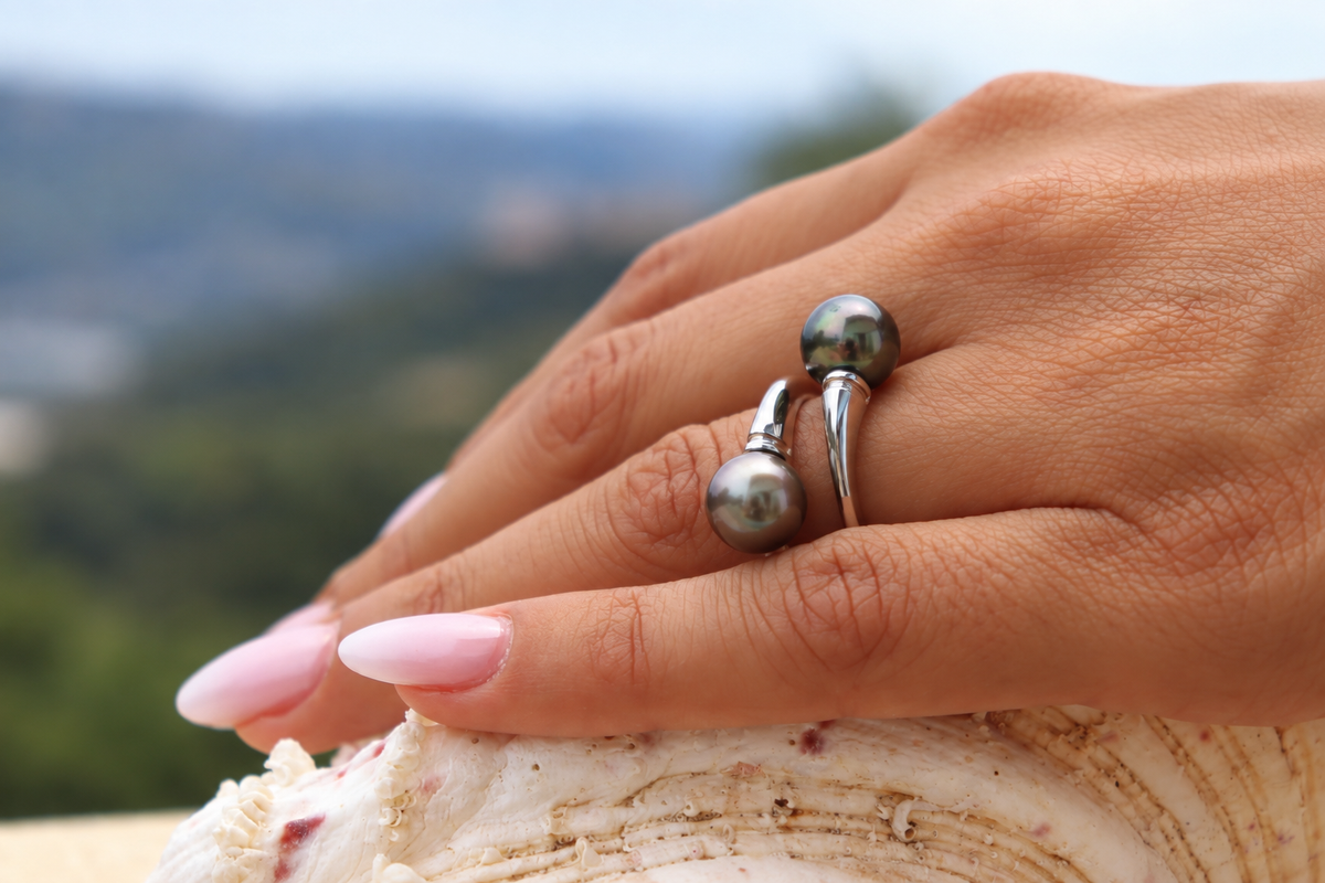 Bague Piti toi & moi perles de Tahiti 9–10 mm, autre vue – Anaora Pearls
