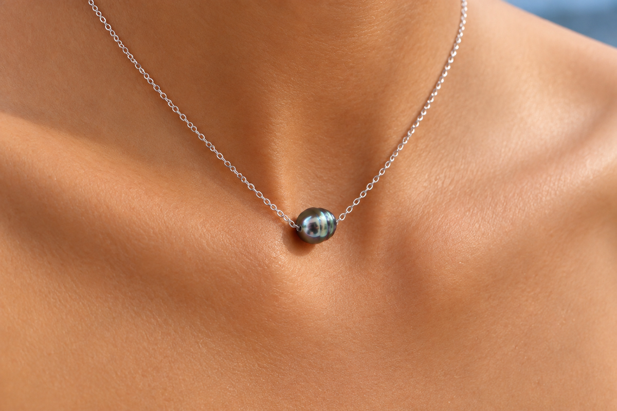 Collier Moana chaîne argentée et perle de Tahiti 9–10 mm, autre vue – Anaora Pearls