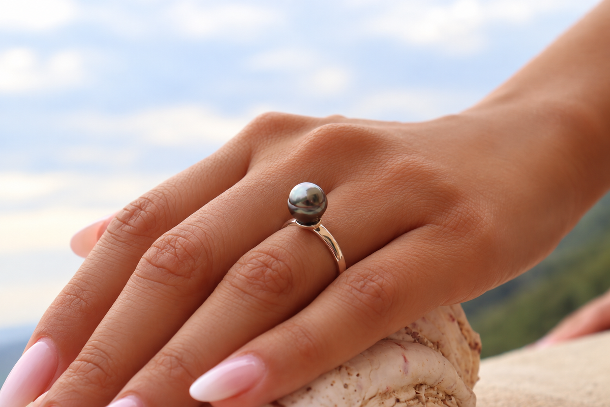 Bague Mahana perle de Tahiti cerclée 8–9 mm, autre vue – Anaora Pearls