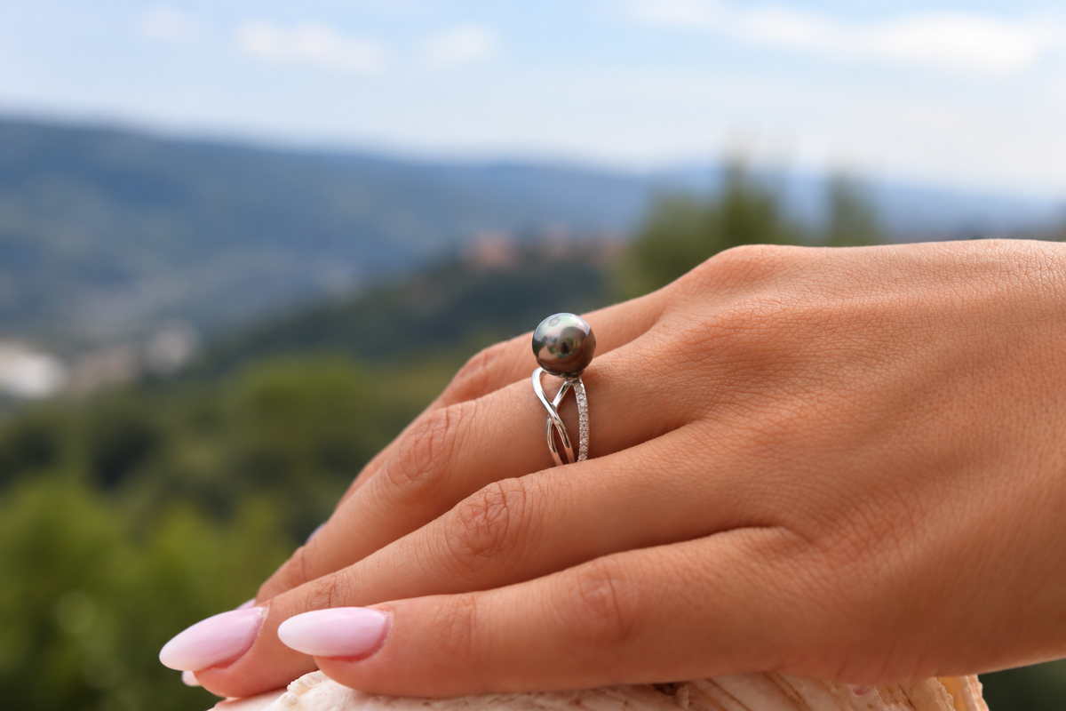 Bague Teuira argent 925 et perle de Tahiti 8–9 mm, autre vue – Anaora Pearls